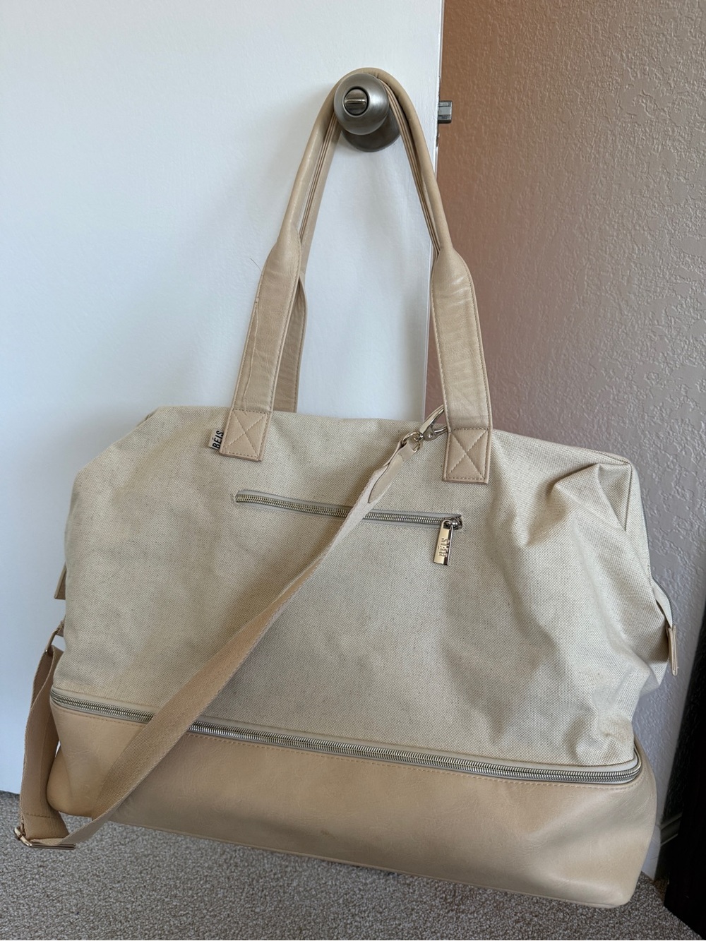BEIS Weekender Beige Canvas Travel Tote with Leather-Trim